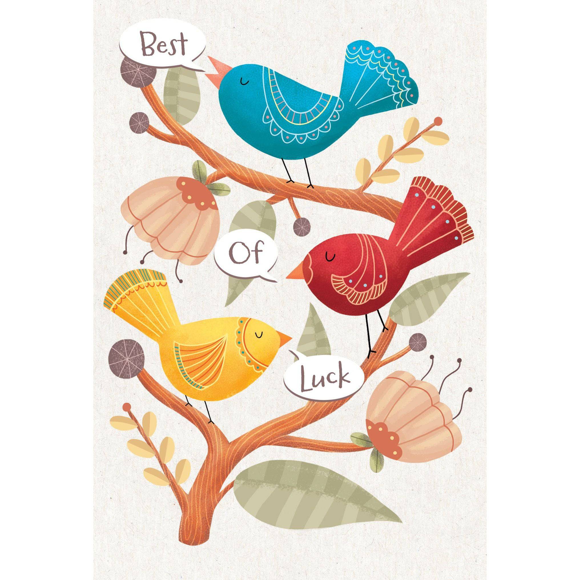 Bird Trio Good Luck card from Pictura featuring colorful illustrations of three birds, perfect for everyday greeting card use.